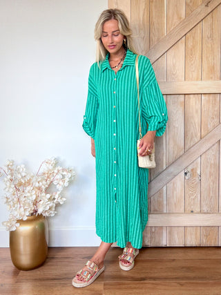 Midi Striped Buttoned Chemisier Dress / Green