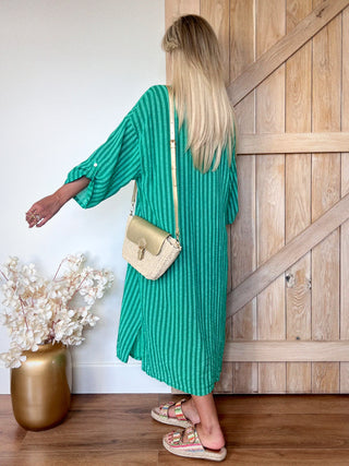 Midi Striped Buttoned Chemisier Dress / Green