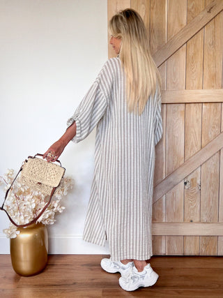 Midi Striped Buttoned Chemisier Dress / Taupe